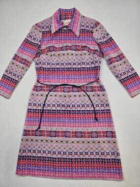 Vintage 60s 70s Kay Windsor Long-Sleeve Belted Geometric Pattern Dress S/M